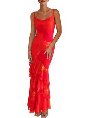 Women's Orange Maxi Dresses Summer Tiered Floral Beach Sundress Spaghetti Strap